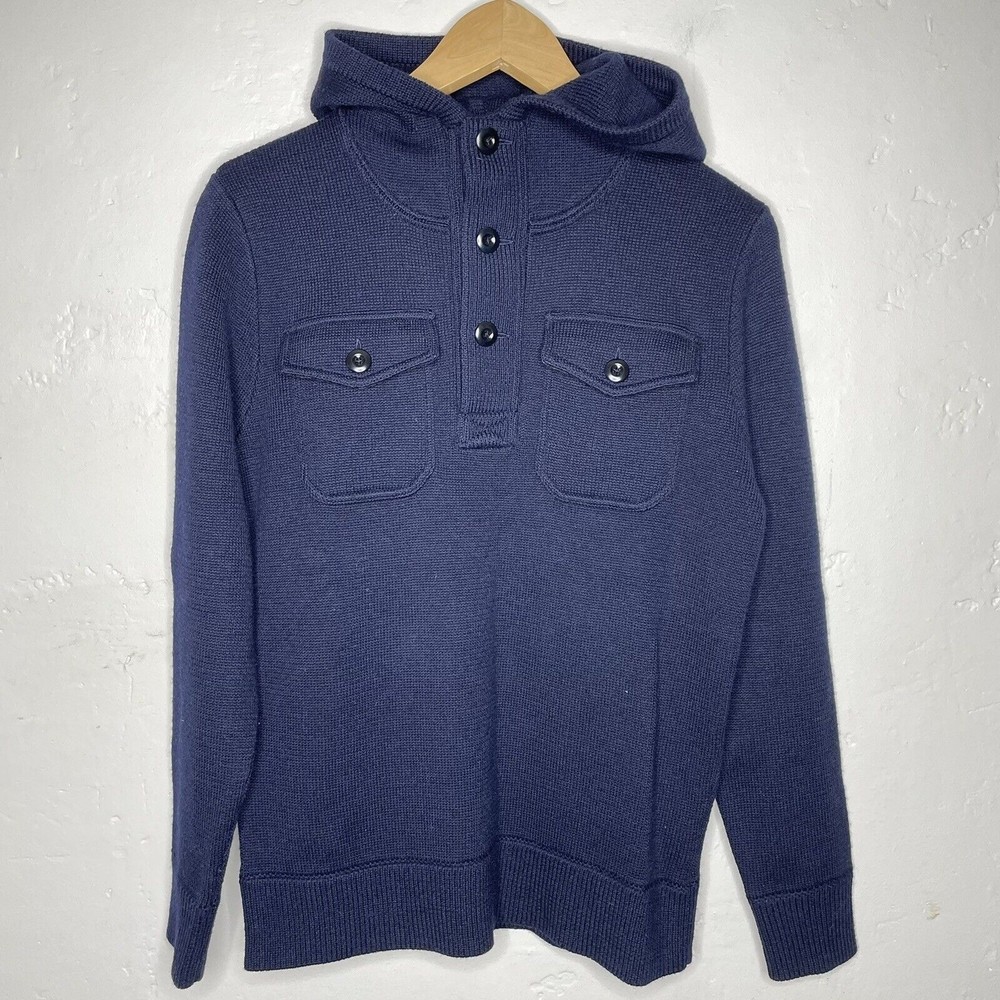 J. Crew Men's Small Navy Blue Henley Style Hooded Wool Sweater, Workwear